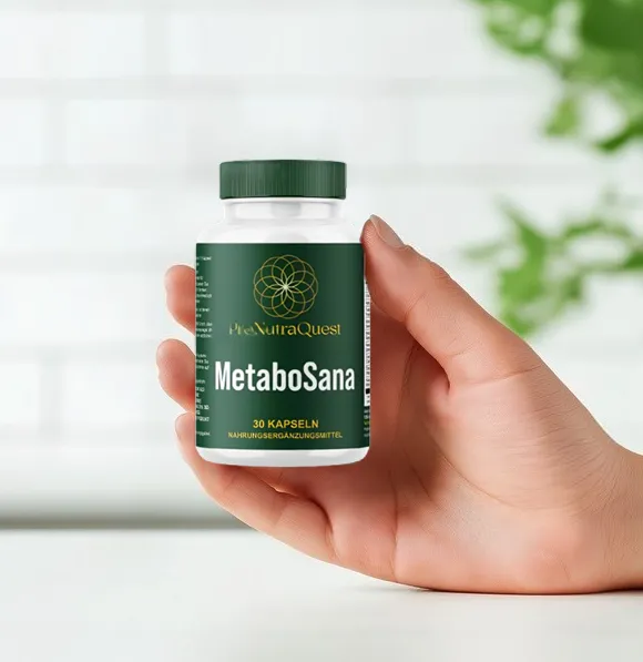 MetaboSana Dose wird in einer Hand gehalten