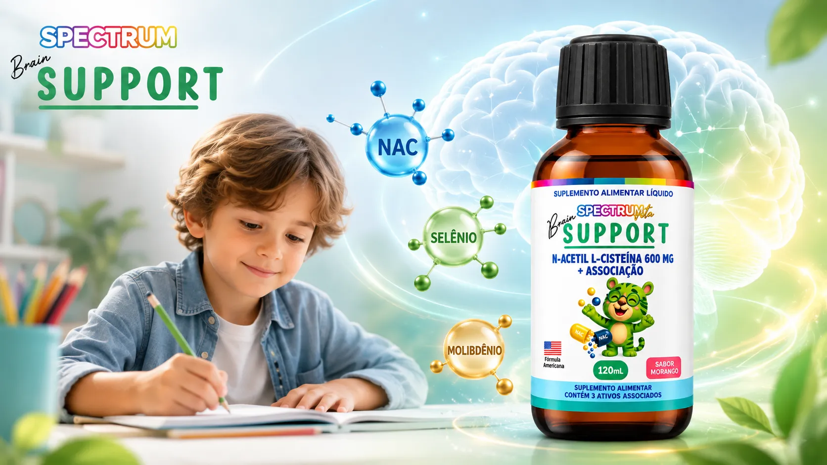 Criança escrevendo ao lado de Spectrum Brain Support Líquido
