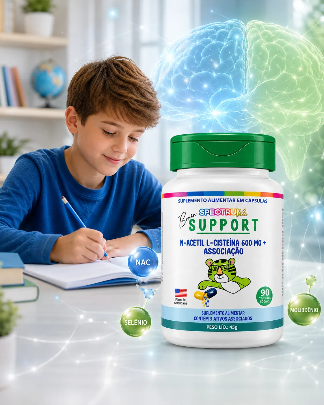 Criança estudando com Spectrum Brain Support cápsulas e cérebro luminoso