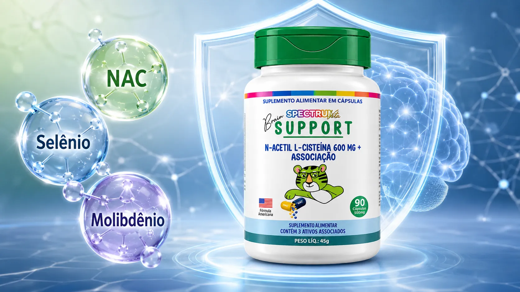 Spectrum Brain Support cápsulas com NAC, Selênio e Molibdênio