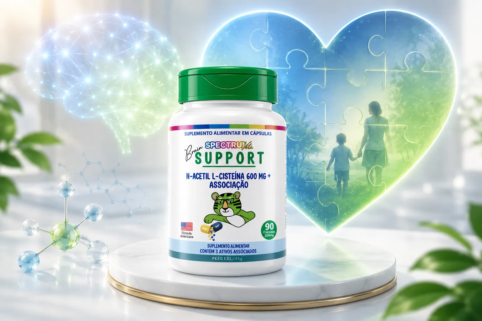 Spectrum Brain Support cápsulas em destaque com cérebro luminoso e contexto de cuidado familiar