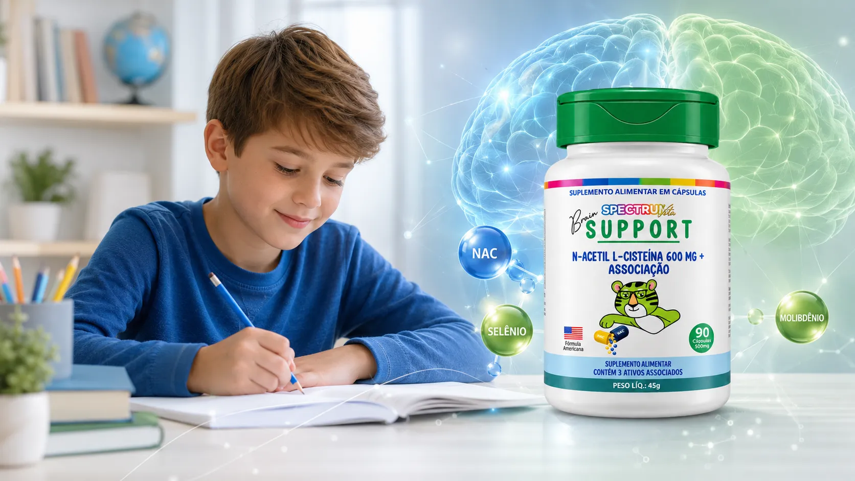 Menino estudando com Spectrum Brain Support cápsulas e cérebro luminoso