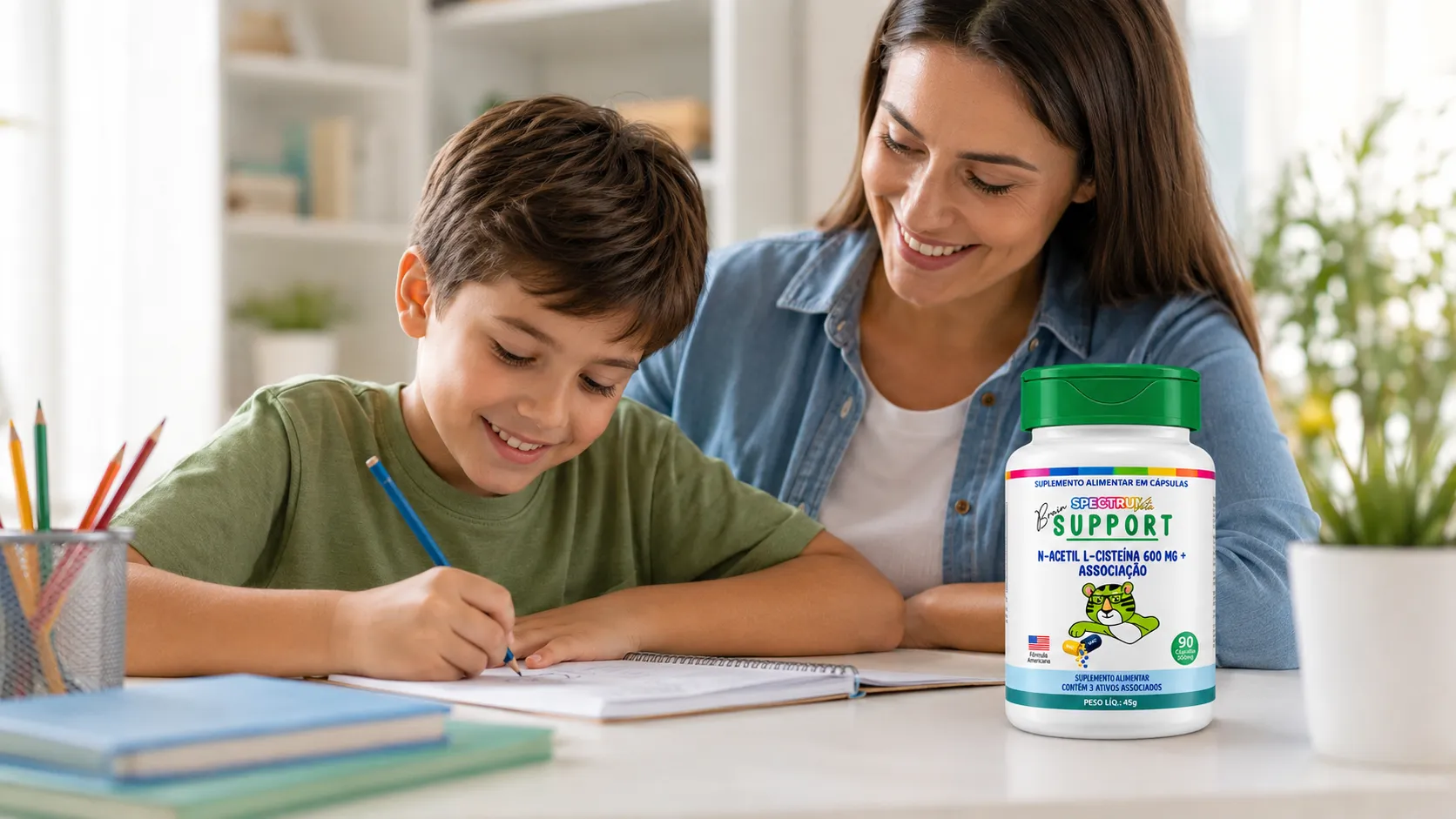Mãe acompanhando criança durante atividade de estudo com Spectrum Brain Support
